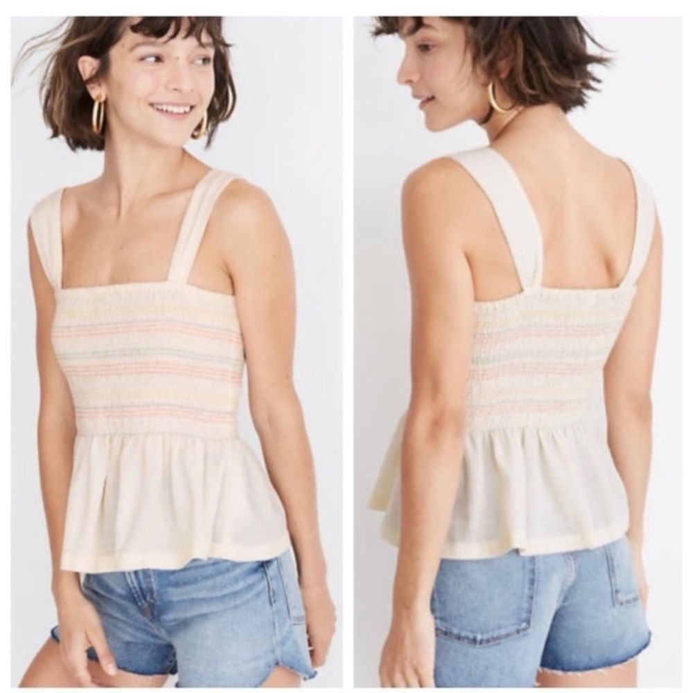 Madewell Texture and Thread Smocked Cream And Rainbow Tank sz M